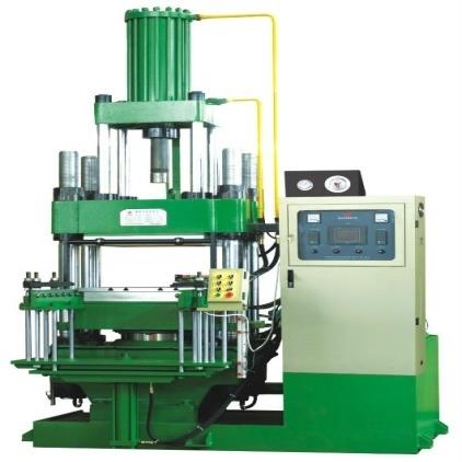 Hydraulic compression press for high-density rubber formulations.
